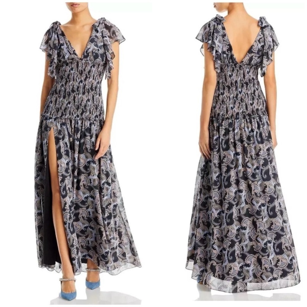 New Cinq a Sept Kris Paisley Print Smocked Chiffon Maxi Dress In Multi Sz 4